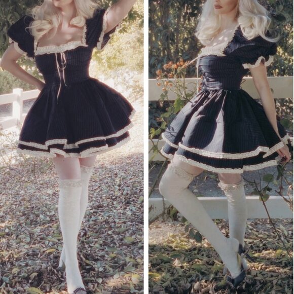 Selkie The Pinstripe Bonny Mini Dress Large Black White Lace Holiday - Picture 1 of 16